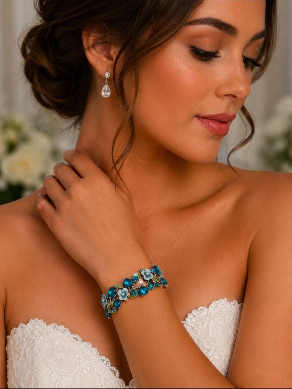 Turquoise Floral Crystal Bracelet/Gift Ready/Elegant Statement Jewelry/Wedding